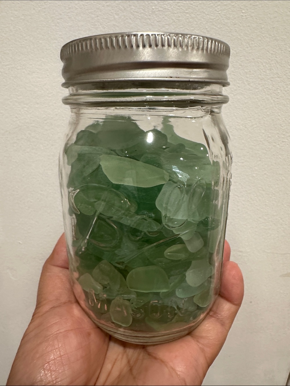 Jar of seafoam colored seaglass for beach, ocean decor from Southern California